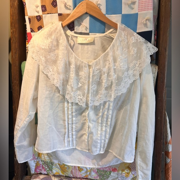 Vintage Gunne sax by Jessica McClintock Ivory Lace Trim Blouse - Picture 1 of 7